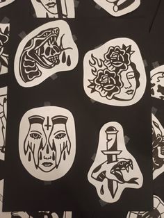 several stickers with faces on them are shown in black and white, as well as the