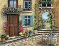 an oil painting of a patio with flowers and potted plants on the outside wall