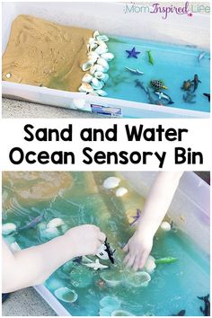 a child is playing with sand and water in an ocean themed bin