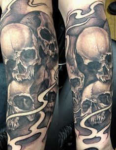 black and gray skull sleeve by Mike Boissoneault: TattooNOW : Skull Sleeve Tattoos For Guys, Pile Of Skulls Tattoo, Pile Of Skulls, Skull Girl Tattoo, Flame Tattoos, Forarm Tattoos, Cool Forearm Tattoos