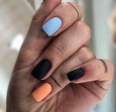 Multi Colored Nails Black, October Vacation Nails, Short Gel Nails Matte, Black Nails With Color, Light To Dark Nails, Pop Of Color Nails, 2 Color Nail Ideas, Color Block Nails, Short Gel Nails