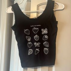 Nwot Black Cropped Lacey “Life Is Sweet” Tank Top With Flowers And Strawberry’s. Cute Black Cotton Tank Top, Sweet Sleeveless Fitted Top, Sweet Fitted Sleeveless Top, Fitted Sleeveless Sweet Top, Life Is Sweet, Love Black, Lace Tank Top, Lace Tank, Black Crop