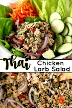 thai chicken salad with lettuce, carrots and cucumbers in a white bowl