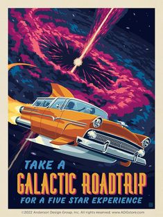 an orange car driving through space with the words take a galactic road trip for a fuel star experience