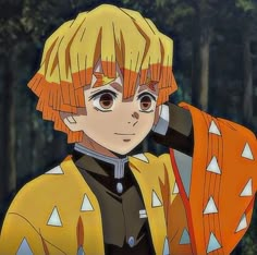 an anime character with orange hair and brown eyes, wearing a yellow outfit in front of trees