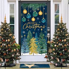 three christmas trees in front of a door