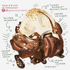 a drawing of a chocolate covered dessert with words written in english and chinese on it