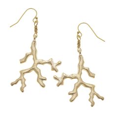 Gold Coral Design Earrings 2.38 inches Handcast 24Kt Gold Plated Handmade in San Antonio, TX Elegant Brass Earrings For Summer, Trendy Coral Jewelry For Summer, Trendy Coral Summer Jewelry, Coral Dangle Earrings, Coral Jewelry For Summer Gifts, Gold Coral Earrings, Susan Shaw, Coral Drop Earrings, Branch Earrings