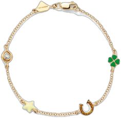 a gold bracelet with stars, horseshoes and clover charms on it's link