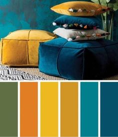 a room with blue walls, yellow and green colors in the same color palettes