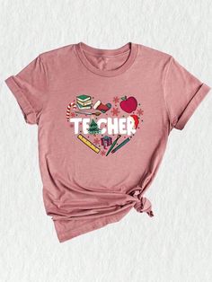 This Christmas Teacher Doodle Heart Shirt is the perfect gift for any teacher in your life. The festive design features a heart made up of holiday doodles, making it a fun and unique addition to any teacher's wardrobe. Give the gift of teacher appreciation this holiday season with this Christmas Teacher Doodle Heart Shirt.Christmas Teacher Doodle Heart Shirt, Teacher Christmas Gift, Christmas Crew Gift, Teacher Life Tee, Christmas Teacher Tee Mauve Heather Casual  Short Sleeve  Animal,Cartoon,Christmas,Colorblock,Figure,Geometric,Graphic,Letter,Striped,Plants,Textured Pattern    Women Clothing, size features are:Bust: ,Length: ,Sleeve Length: Holiday Doodles, Doodle Heart, Plaid Print Shirt, Plant Texture, Teacher Christmas Gift, Stand Collar Top, Teacher Wardrobe, Cartoon Christmas, Cute Letters