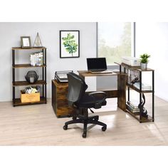 a computer desk with a laptop on top of it next to a book shelf filled with books