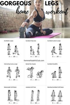 a woman is doing exercises on her yoga mat with the words, gorgeous legs home workout