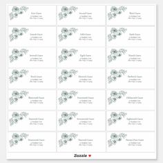 business cards with flowers and leaves in green ink on white paper, set of 10