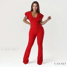 Lasaky - Stylish Monochrome Sensual V-neck Jumpsuit with Ruffle Trim and Wide-Leg Pants Non-stretch V-neck Jumpsuits And Rompers For Night Out, Non-stretch V-neck Jumpsuit For Night Out, V-neck Non-stretch Jumpsuits And Rompers For Night Out, V-neck Non-stretch Jumpsuits For Night Out, Stretch V-neck Jumpsuit In Solid Color, Stretch V-neck Jumpsuits And Rompers In Solid Color, Stretch Solid Color V-neck Jumpsuits And Rompers, Stretch V-neck Jumpsuit With Solid Color, Red V-neck Jumpsuit And Romper