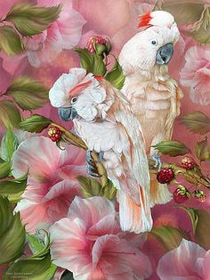 two white birds sitting on top of pink flowers