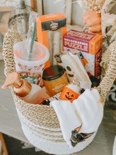 a basket filled with items sitting on top of a table