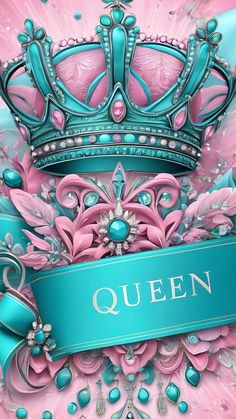 a pink and blue background with a tiara on it's head, surrounded by jewels