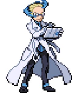 an old pixel art style character in white coat and black pants