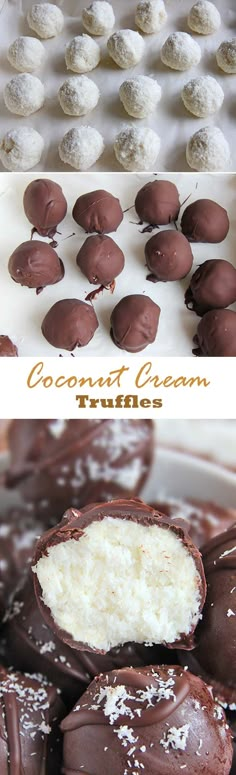 chocolate covered truffles with coconut cream in the middle and on top, are ready to be eaten