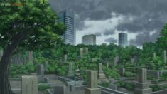 a cemetery with trees and buildings in the background on a cloudy day, digital painting