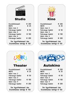 four different types of movie tickets with the names and numbers in each one, including two movies