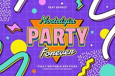 a party poster with colorful shapes and confetti on it's purple background