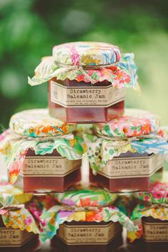 wedding favors stacked on top of each other with the words, strawberry jam and marmalade flavors