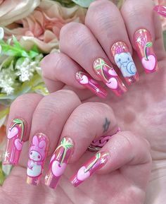 Badtz Maru Acrylic Nails, Cute Nail Designs Sanrio, Nail Ideas Kawaii, Sanrio Nails Acrylic, Crazy Nail Ideas, Early 2000s Nail Designs, Mushroom Nails Acrylic, Kawaii Pink Nails, Winx Club Nails