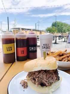 a pulled pork sandwich on a bun with fries and ketchup next to it