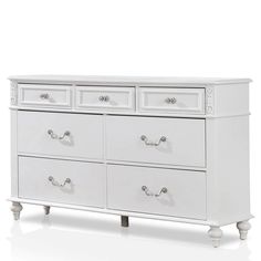 a white dresser with drawers and knobs on the bottom drawer, against a white background