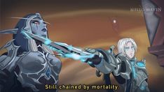 an animated image of two people holding swords with the caption still chained by montility