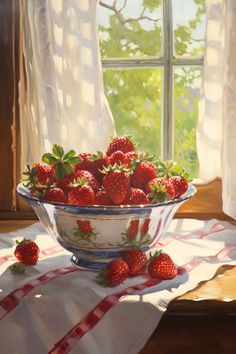 a painting of strawberries in a bowl sitting on a table next to a window