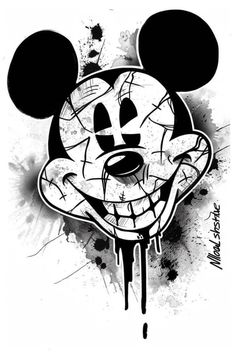 the face of mickey mouse is drawn in black and white with paint splattered on it