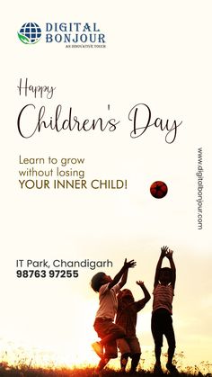 two children playing with a ball in the grass, and an advertisement that reads happy children's day learn to grow your inner child