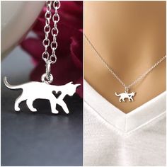 "Sterling Silver Cat Necklace. ⬇️ PLEASE CLICK \"+MORE\" BELOW TO READ FULL DESCRIPTION. A sweet kitty, with cut out heart, is just the thing for animal lovers. This cute and dainty Cat Necklace features a sterling silver Cat with Heart Charm on a sterling silver chain finished with a lobster clasp closure. Option to add a removable 2\" chain extender. Complimentary, custom printed gift note available upon request (see last pictures for examples). 💫 NECKLACE DETAILS * .925 Solid sterling silver Cat Remembrance, Cat Charm Necklace, Cat Necklace Silver, Lovers Necklace, Sterling Silver Cat, Precious Metal Clay, Dragon Jewelry, Silver Cat, Cat Memorial