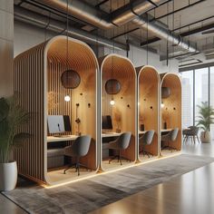 an office with wooden partitions and chairs