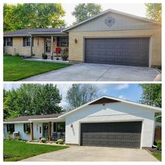 before and after photos of a house with two garages on the same side, one in front of the other