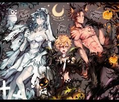 some anime characters are posing for the camera with pumpkins and bats in front of them