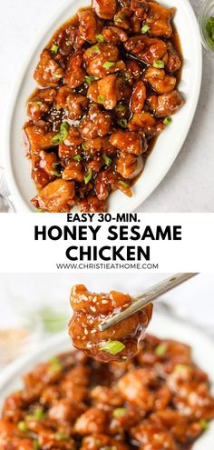 honey sesame chicken on a white plate with a spoon in it and the words easy 30 min honey sesame chicken