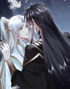 two anime characters hugging each other in front of snowflakes and stars on the night sky