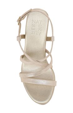 A metallic finish crackles across the strappy silhouette of this party-ready sandal built with a comfortable contoured footbed and adjustable slingback strap. 3 1/2" heel Contour+ Comfort technology Leather upper/synthetic lining and sole Imported Gold Sandals With Removable Insole For Gala, Gold Double Strap Sandals For Spring, Gold Strap Sandals For Evening, Evening Sandals With Ankle Strap And Adjustable Strap, Strappy Sandals With Adjustable Strap For Party, Gold Shimmer Sandals For Spring, Evening Sandals With Double Strap, Double Strap Evening Sandals, Gold Shimmer Sandals For Summer