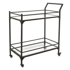 a metal and glass serving cart with wheels on it's sides, one side is empty