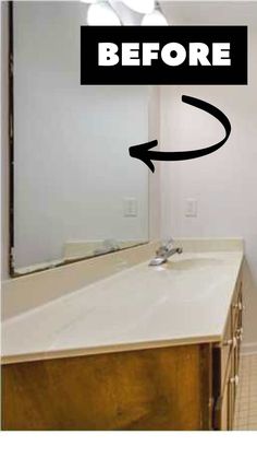 before and after photos of a bathroom vanity with an arrow pointing to the sink area