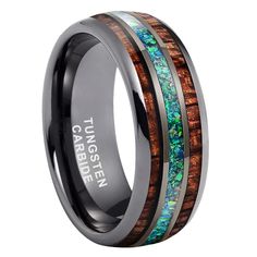 men's wedding band with blue opal and wood inlay