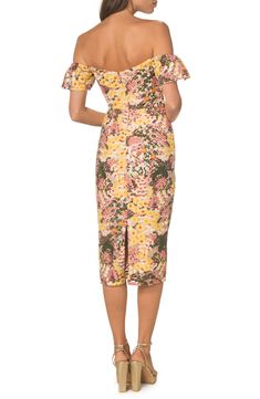 Colorful floral embroidery and an off-the-shoulder silhouette enrich a mid-length dress styled with fluttery cap sleeves and a vented hem for ease of movement. 36" center front length (size Medium) Off-the-shoulder neck Cap sleeves Partially lined 100% polyester Hand wash, line dry Imported Fitted Flutter Sleeve Midi Dress For Garden Party, Fitted Midi Dress With Flutter Sleeve For Garden Party, Fitted Off Shoulder Dress For Spring Garden Party, Fitted Floral Print Off Shoulder Dress For Garden Party, Fitted Floral Off Shoulder Dress For Garden Party, Chic Fitted Off Shoulder Dress For Garden Party, Fitted Floral Print Off Shoulder Midi Dress, Fitted Off Shoulder Midi Dress For Garden Party, Spring Floral Print Midi Off Shoulder Dress