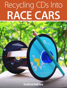 a book cover with the title recycling cds into race cars, and an image of a pencil