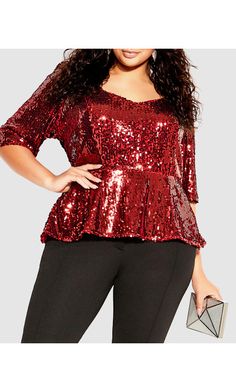 Sequin Puff Top - crimson Plus Size Christmas Outfit Party, Sequin Peplum Top, Alexa Webb, Fashion Promotion, Chic Plus Size, Night Out Tops, Holiday Dinners, Red Sequin, Strapless Tops