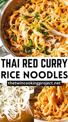 thai red curry rice noodles in a pan with chopsticks