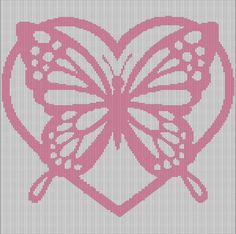 a cross stitch pattern with a pink butterfly in the shape of a heart on a gray background